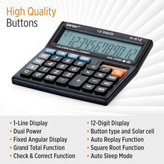 Kanex Calculator K612 Electronic Financial Calculator, 12 Digits Display, 120 Steps Check & Correct, Dual Power, Extra Large Display, Black
