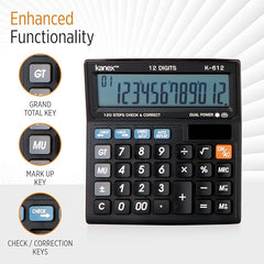 Kanex Calculator K612 Electronic Financial Calculator, 12 Digits Display, 120 Steps Check & Correct, Dual Power, Extra Large Display, Black