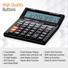 Kanex Electronic Calculator K1512,GST Function, 12 Digits Display, 120 Steps Check & Correct, Dual Power, Extra Large Display, Black